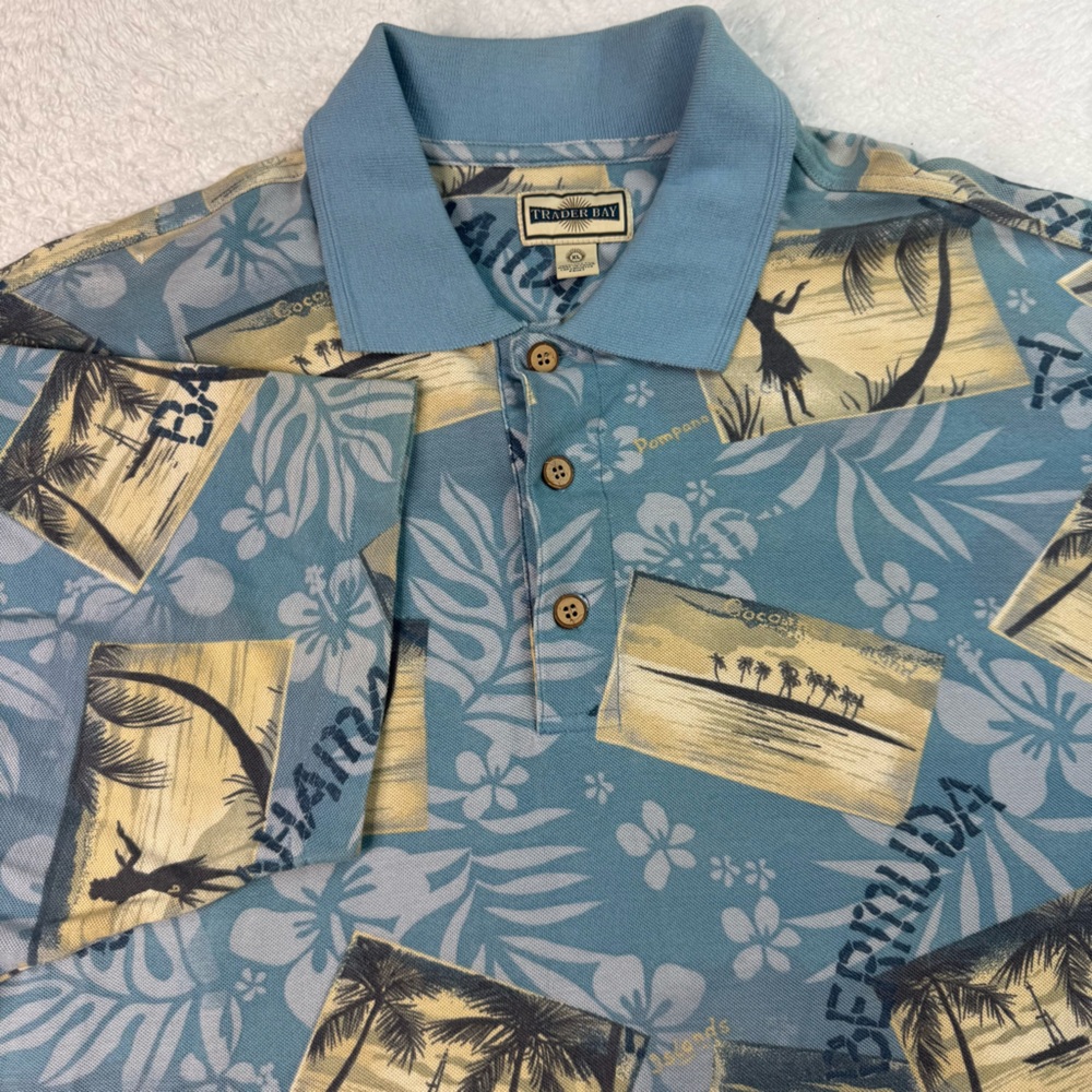 Vintage 90s All Over Print Polo Men's XL Blue Hawaiian Tropical Postcard